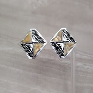 Vintage Clip On Earrings Silver Tone with Dark Beige Mother of Pearl 1 & 3/8"